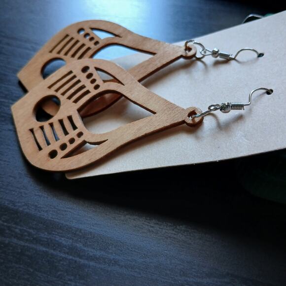 Laser cut wood dangle earrings 3.5" L x 3" W fish hook lightweight teardrop boho - Picture 4 of 8